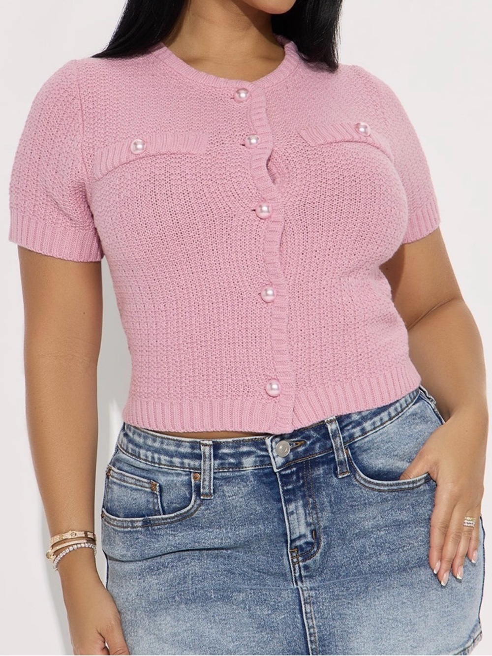 Pink Pearl Button Knit Crop Cardigan Top